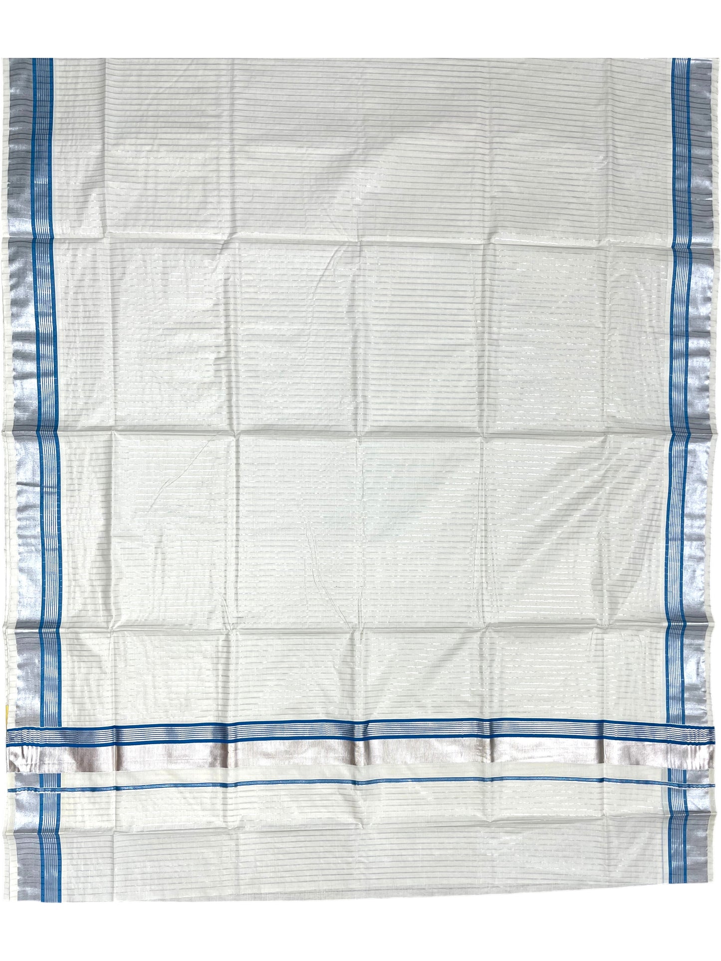 Southloom Pure Cotton Kerala Silver Kasavu Lines Saree with Blue and Silver Border
