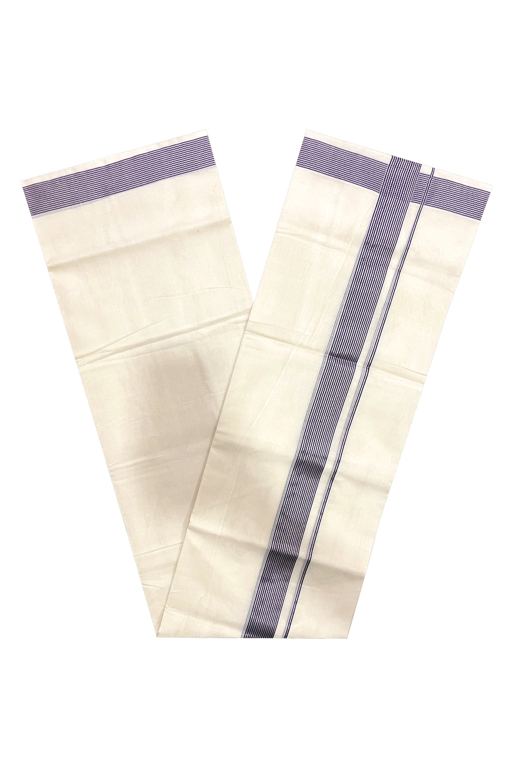 Southloom Premium Handloom Cotton Double Mundu with Silver Kasavu and Blue Lines Border (South Indian Dhoti)