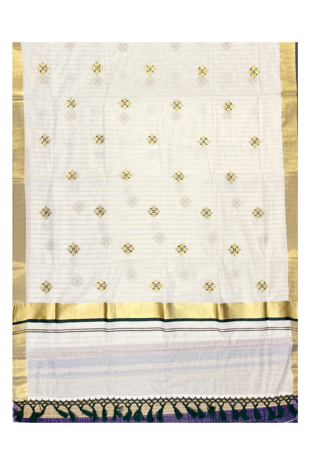 Kerala Cotton Kasavu Lines Saree with Green and Golden Floral Embroidery Work