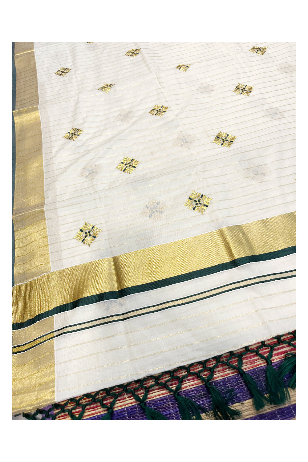 Kerala Cotton Kasavu Lines Saree with Green and Golden Floral Embroidery Work