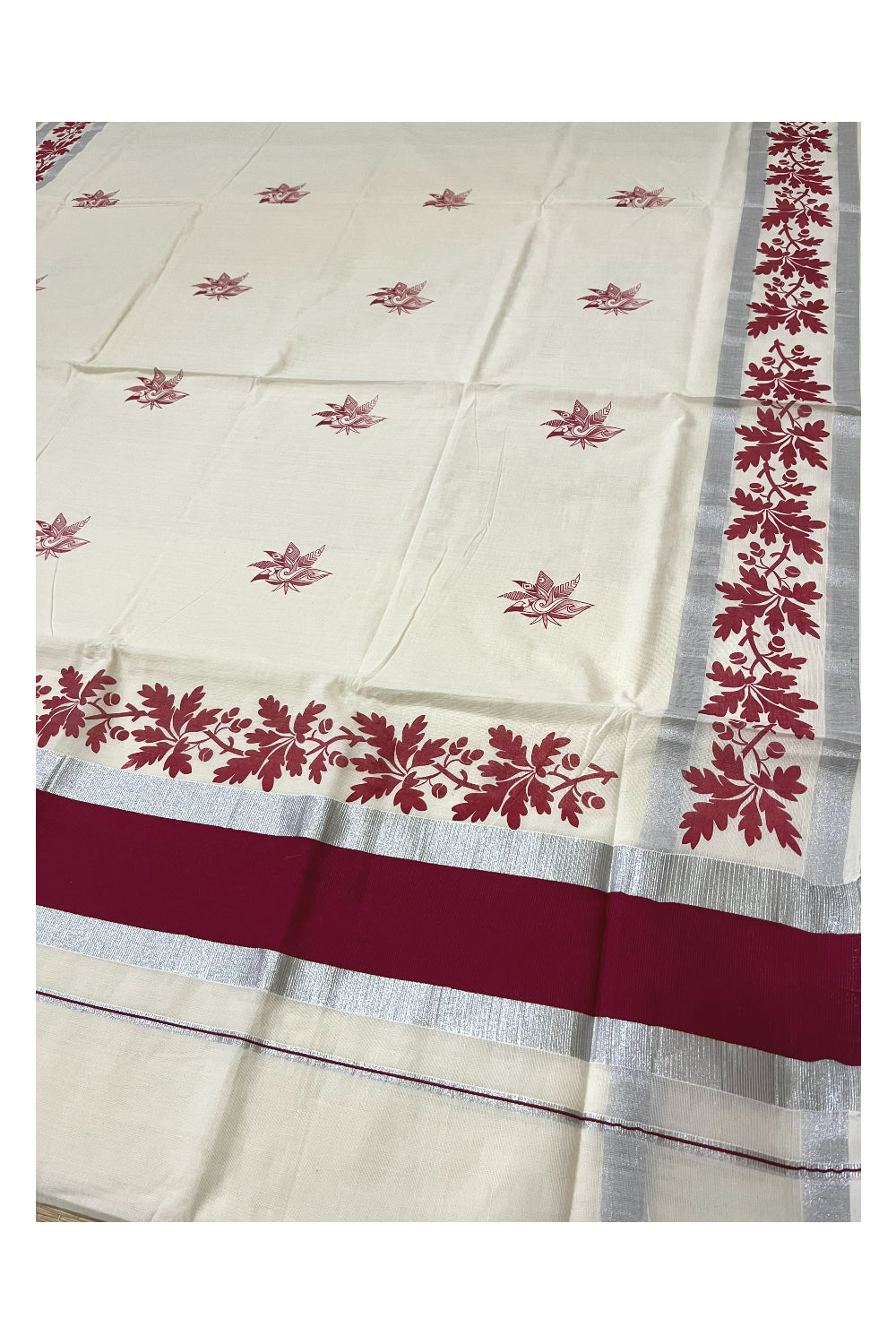 Pure Cotton Off White Kerala Saree with Maroon Floral Block Printed Silver Border (Onam Saree 2023)