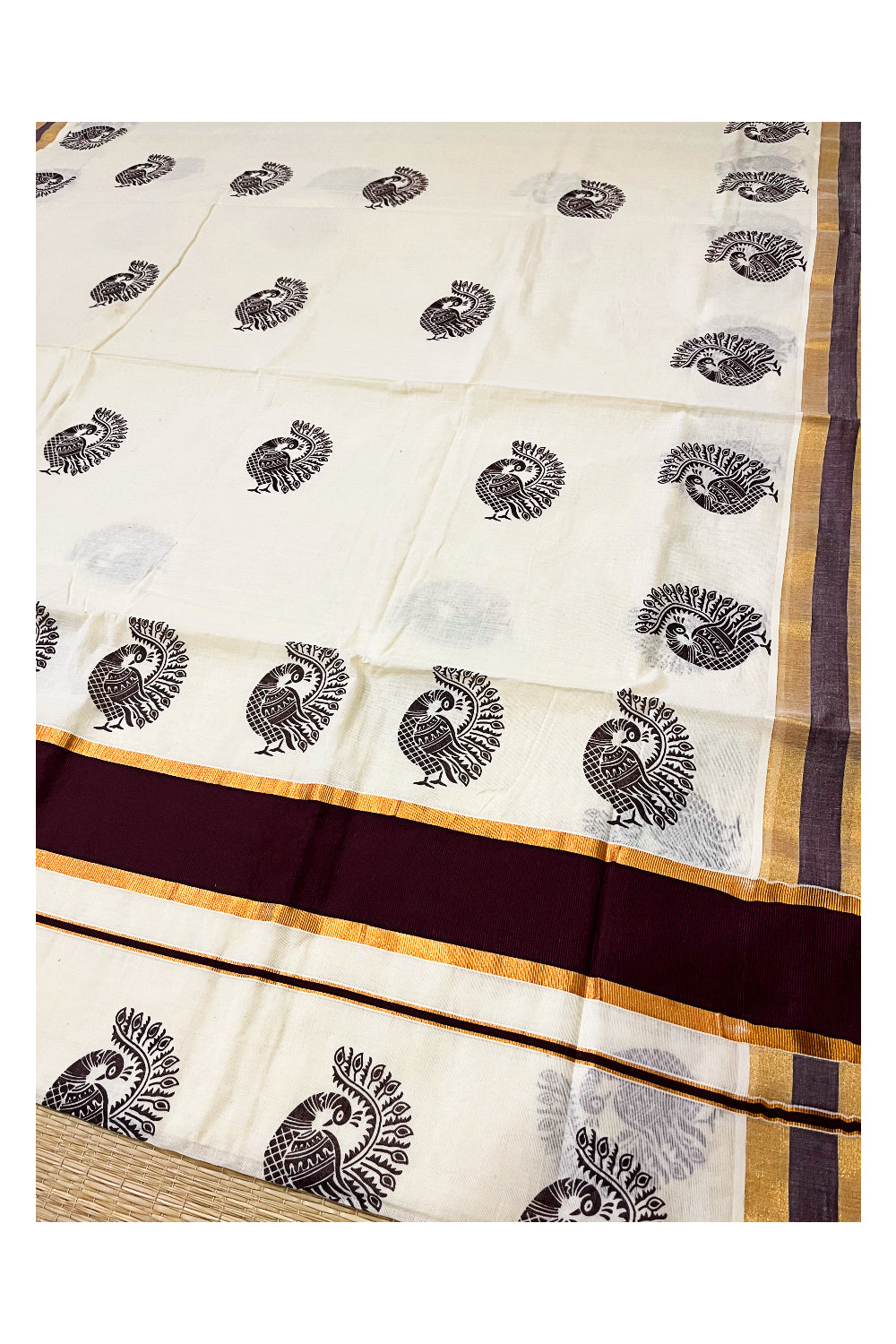 Pure Cotton Kerala Kasavu Saree with Peacock Block Printed Brown Border (Onam Saree 2023)