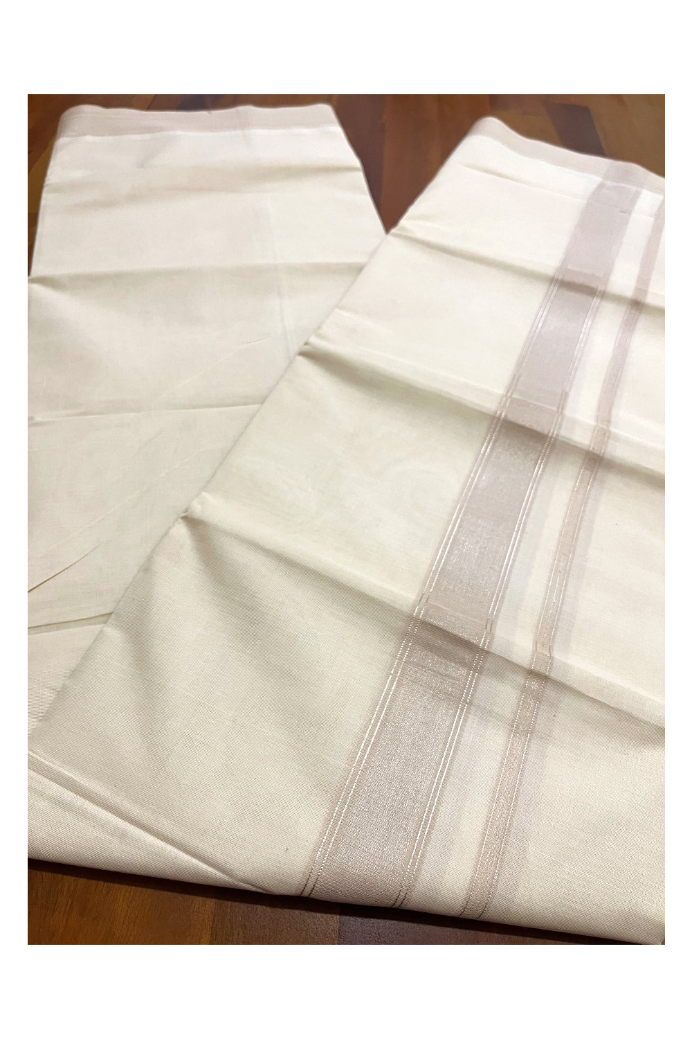 Pure Cotton 100x100 Double Mundu with Beige and Silver Kasavu Line Border (Onam Mundu 2023)