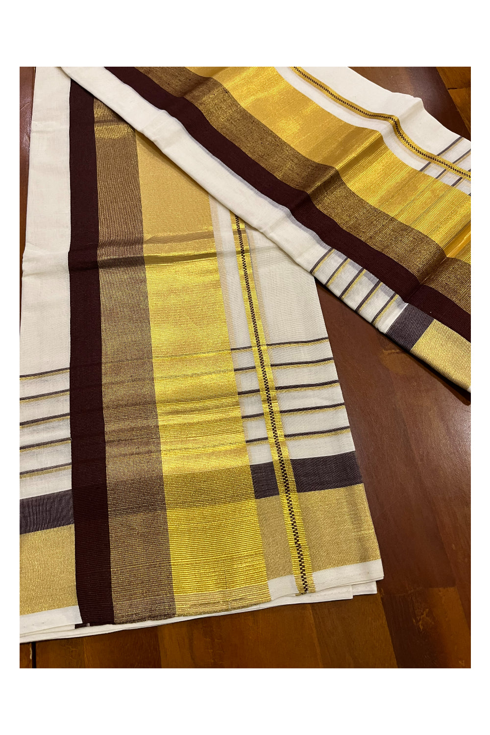 Pure Cotton Handloom Premium Set Mundu (Mundum Neriyathum) with Brown and Kasavu Border