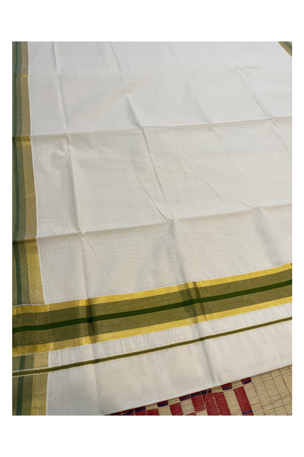 Pure Cotton Kerala Saree with Kasavu and Light Green Border