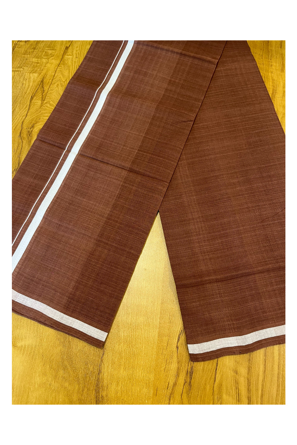 Southloom Premium Handloom Brown Solid Single Mundu (Lungi) with White Border (South Indian Kerala Dhoti)