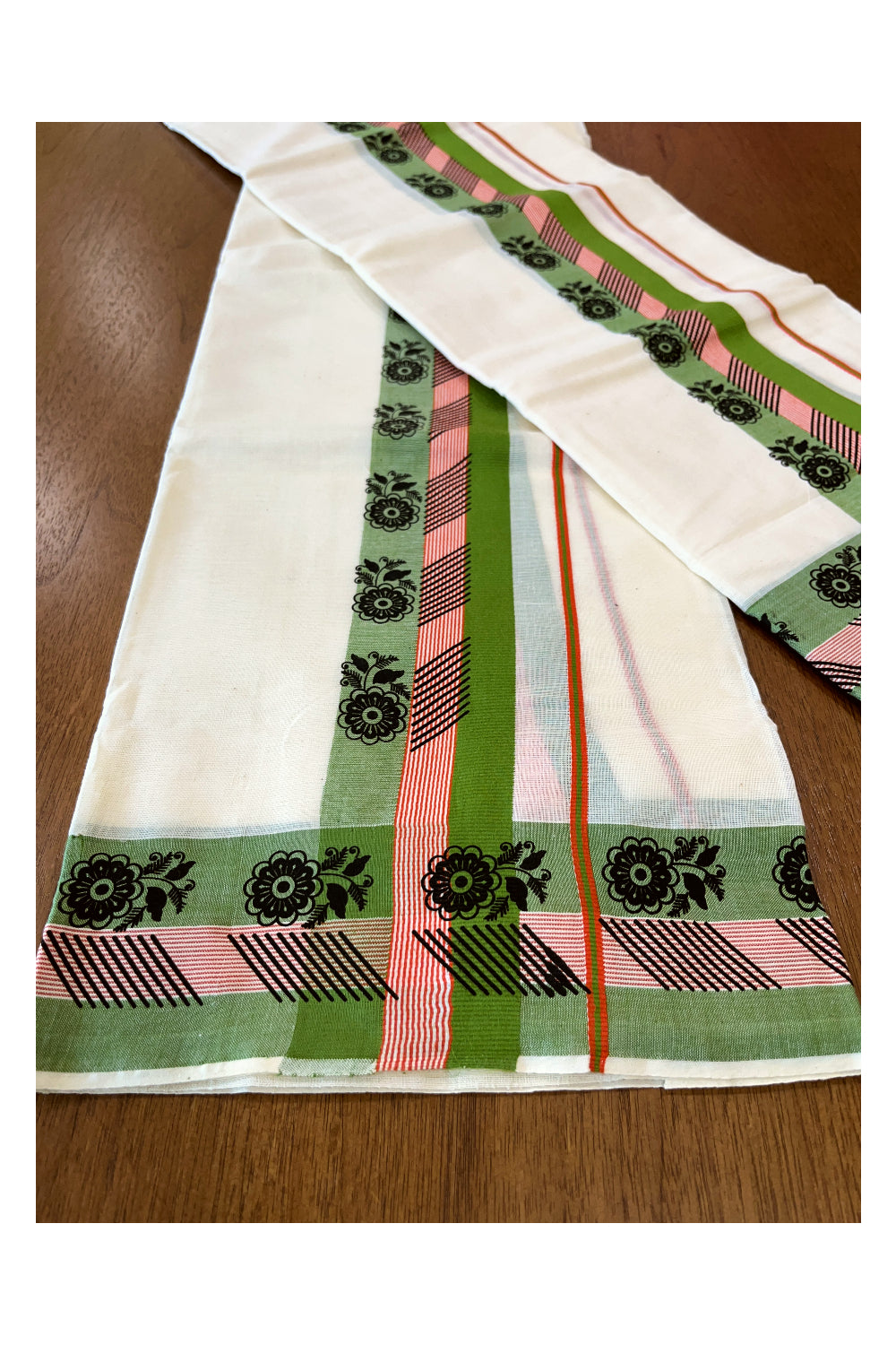 Cotton Single Set Mundu (Mundu Neriyathum) with Black Block Prints on Green Border