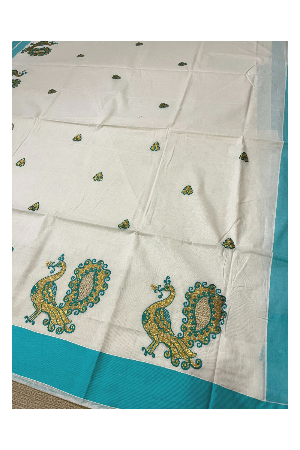 Pure Cotton Kerala Saree with Peacock Embroidery Work and Turquoise Border (Onam Saree 2023)