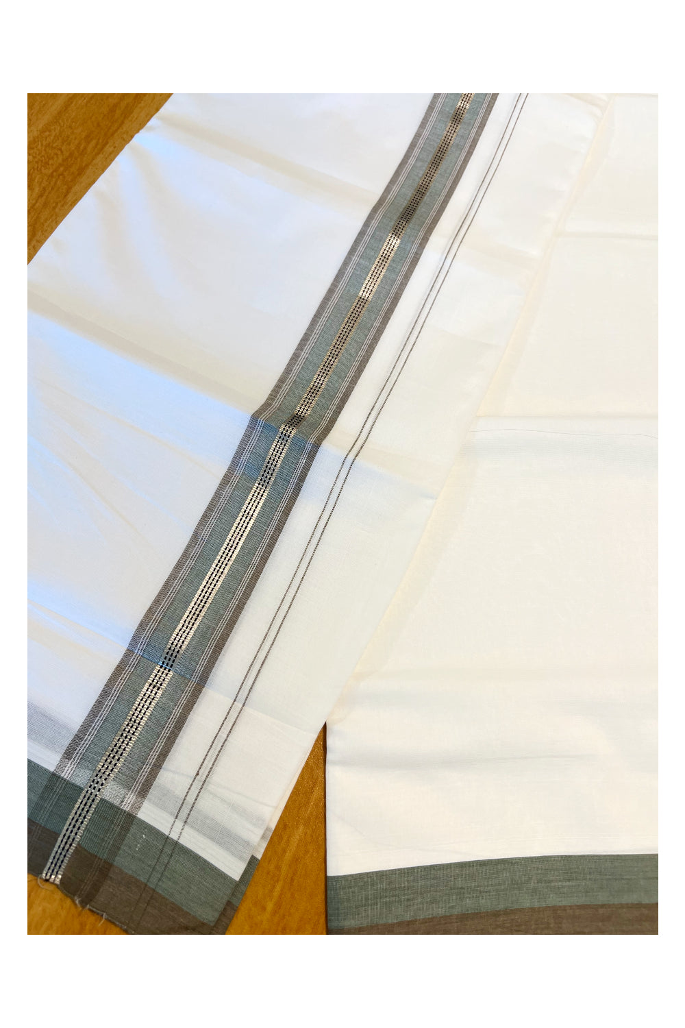 Pure White Cotton Double Mundu with Silver Green And Brown Border (South Indian Dhoti)