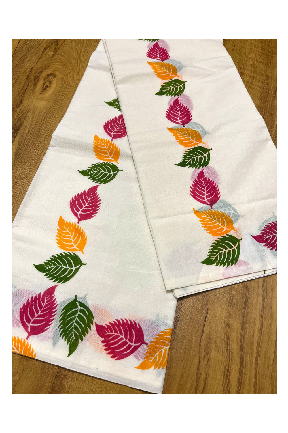 Pure Cotton Kerala Set Mundu (Mundum Neriyathum) with Green Pink and Orange Leaf Block Printed Border