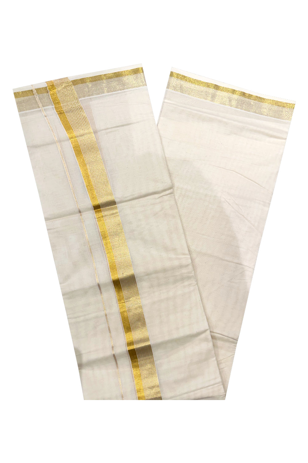 Off White Pure Cotton Double Mundu with Kasavu Lines Border (South Indian Kerala Dhoti)