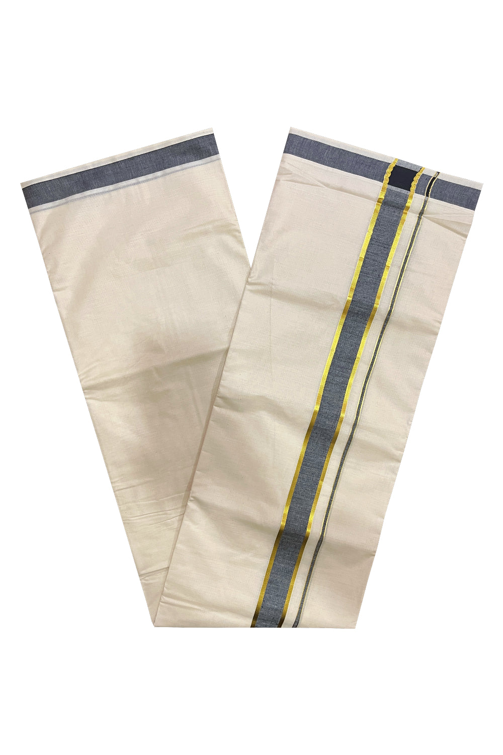 Off White Kerala Cotton Double Mundu with Black Kasavu Kara (South Indian Kerala Dhoti)