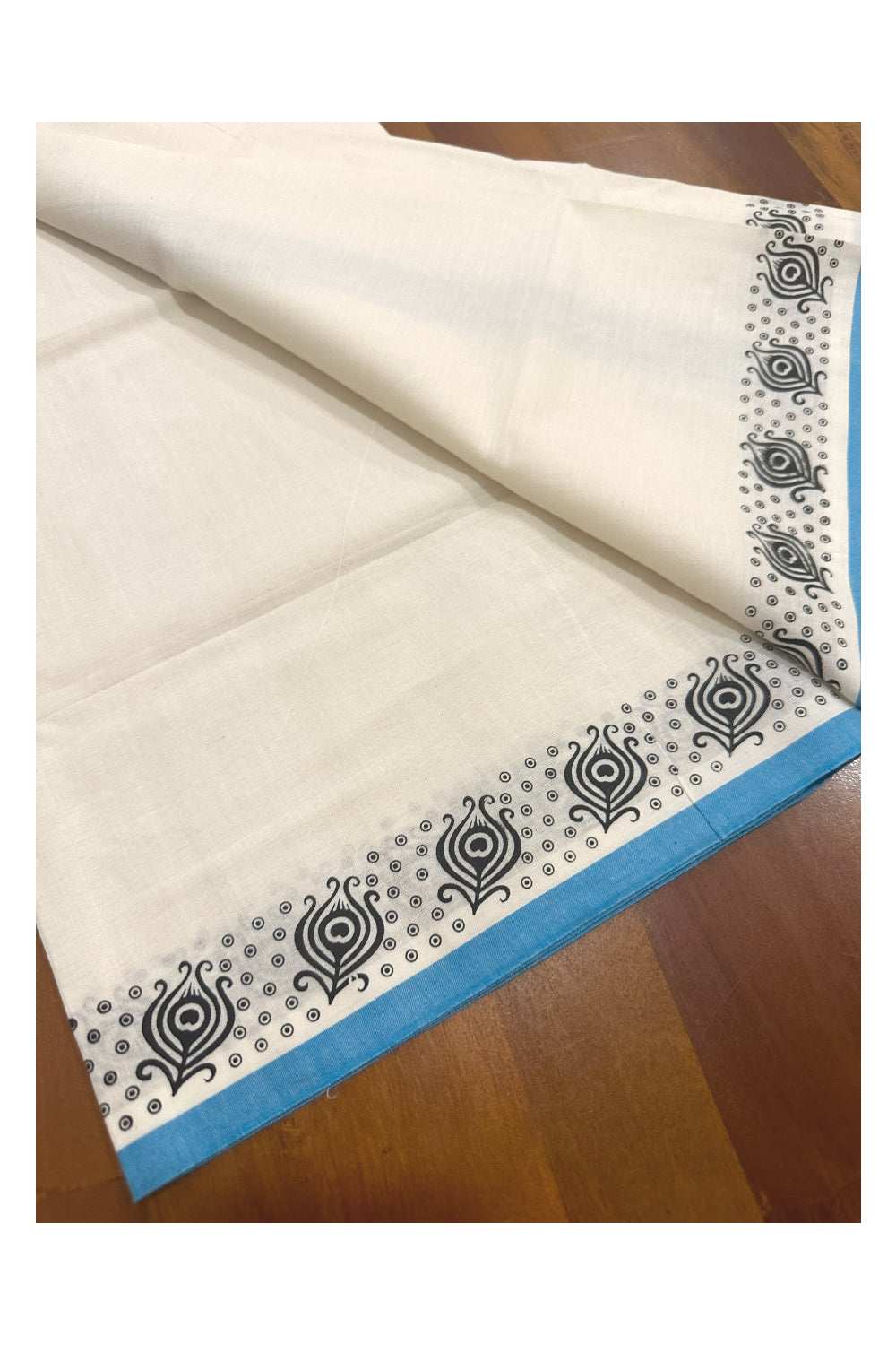 Kerala Cotton Set Mundu (Mundum Neriyathum) with Block Prints on Blue Border (Onam Set Mundu 2023)