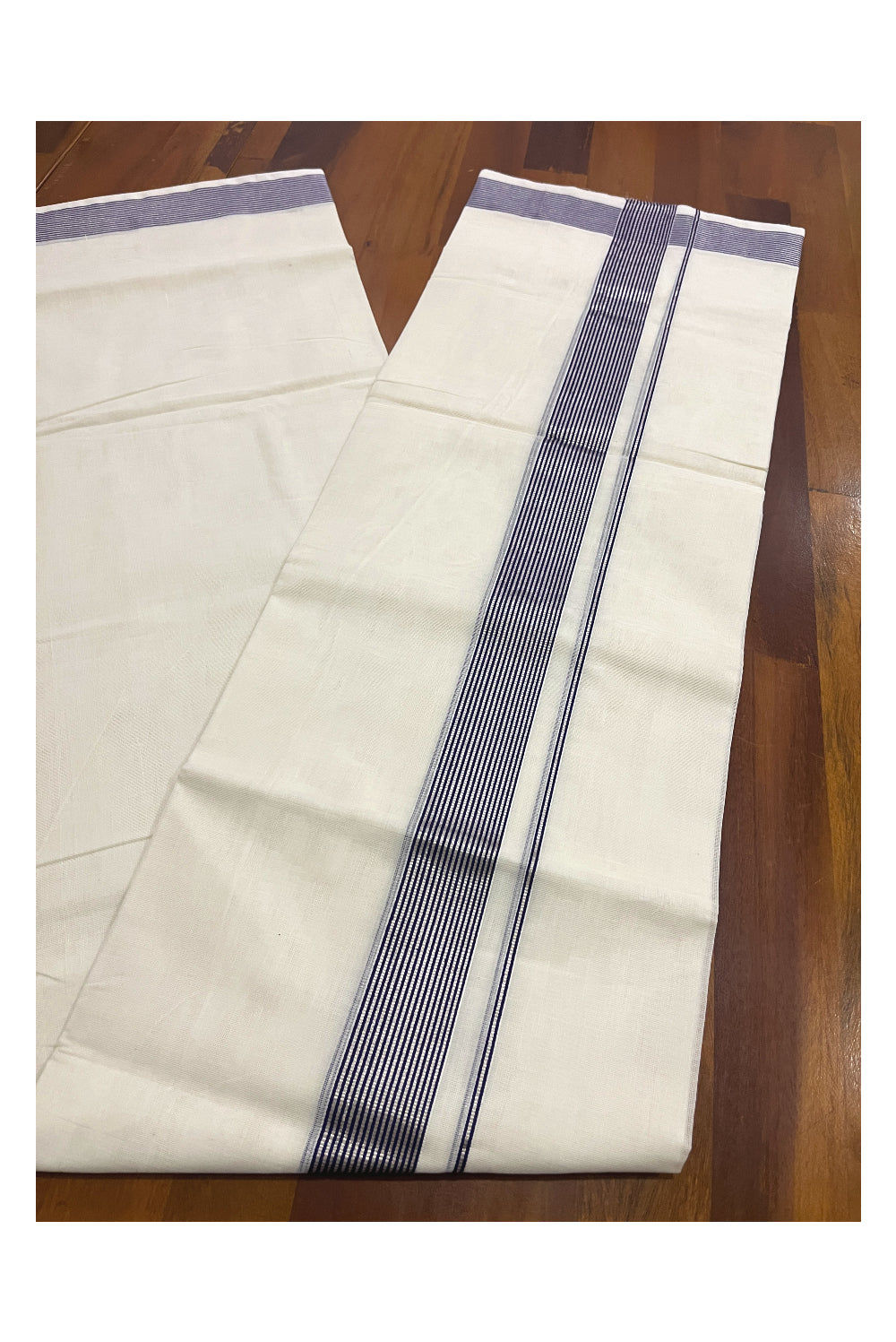 Southloom Premium Handloom Cotton Double Mundu with Silver Kasavu and Blue Lines Border (South Indian Dhoti)