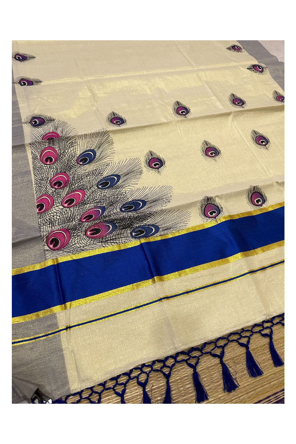 Kerala Tissue Kasavu Saree with Feather Block Prints and Blue Border (Onam Saree 2023)