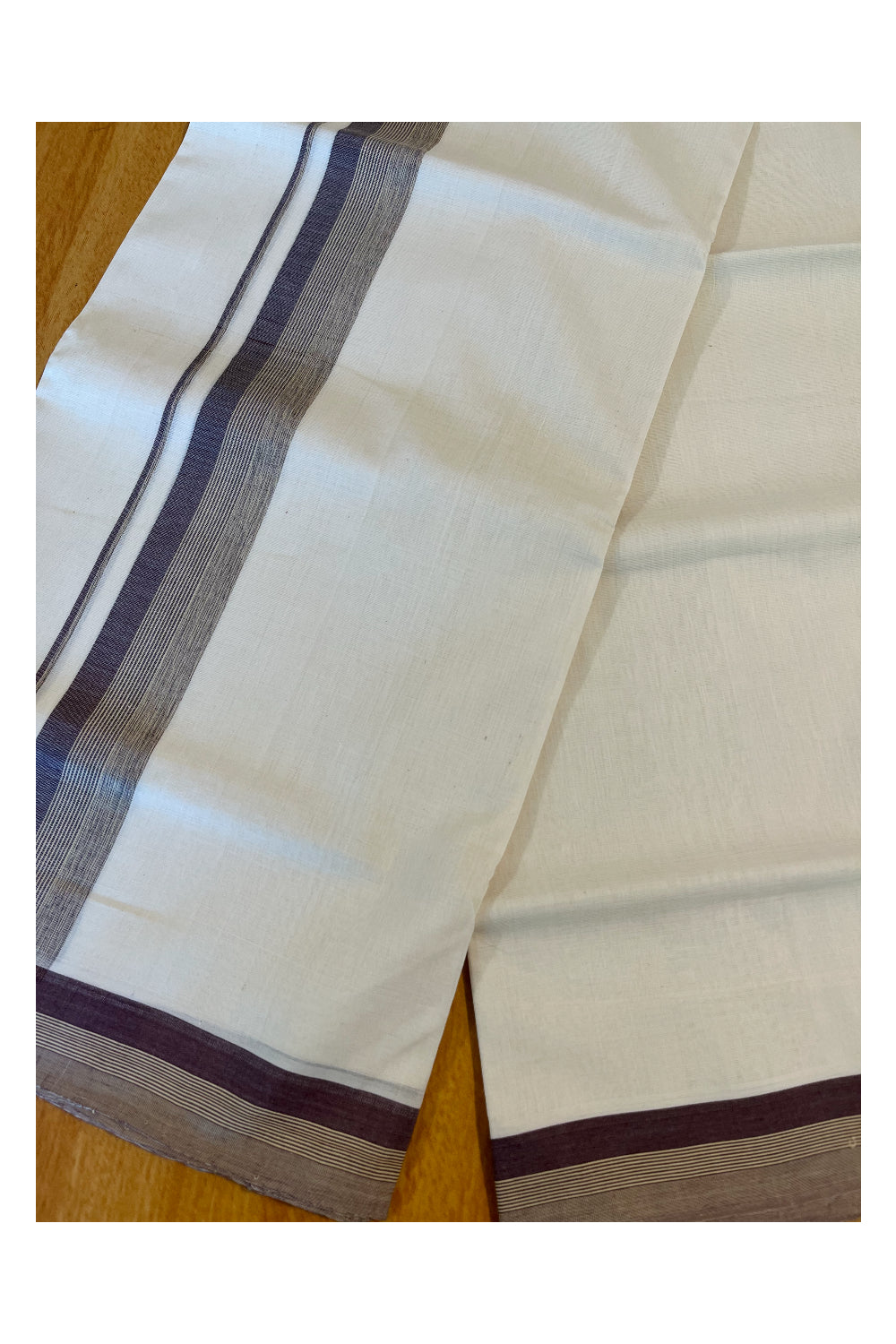 Southloom Premium Handloom Cotton Double Mundu with Purple Lines Border