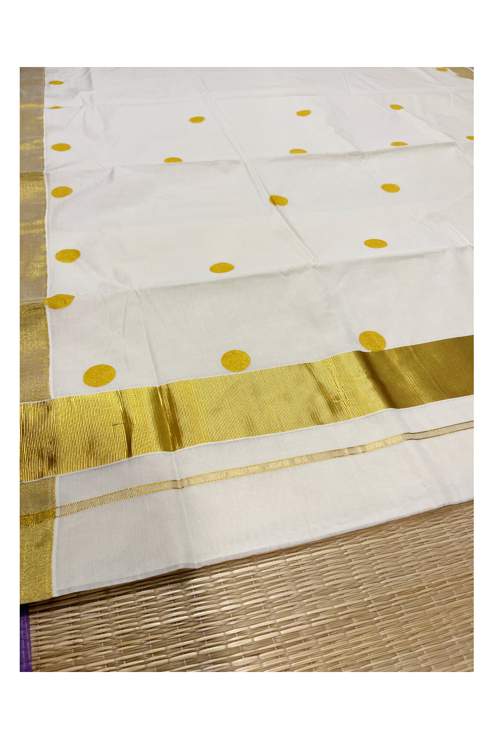 Southloom Kerala Cotton Kasavu Saree with Golden Polka Dot Prints