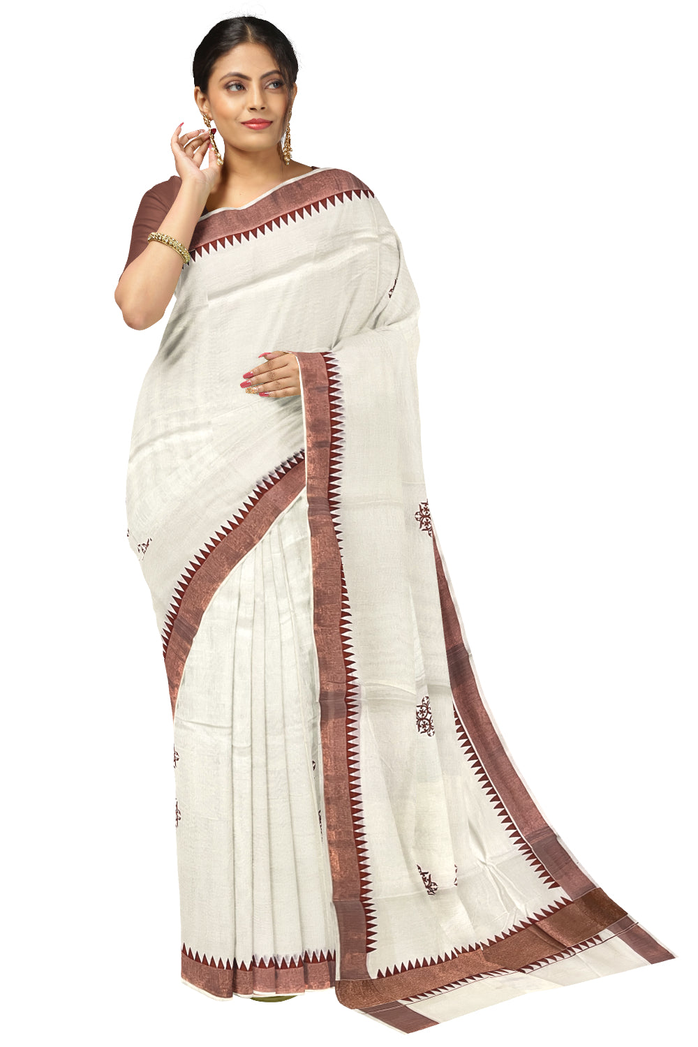 Kerala Pure Cotton Saree with Copper Kasavu Temple Border and Block Prints on Body