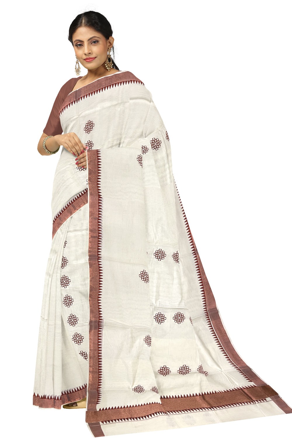 Kerala Pure Cotton Saree with Copper Kasavu Temple Border and Block Prints on Body