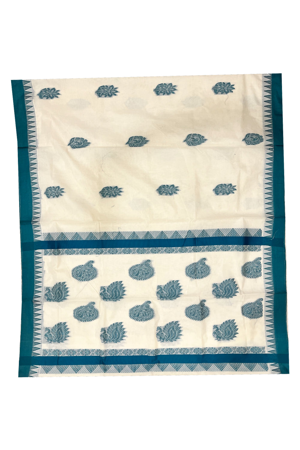 Pure Cotton Kerala Saree with Teal Heavy Woven Designs and Temple Border (Vishu 2024 Collection)