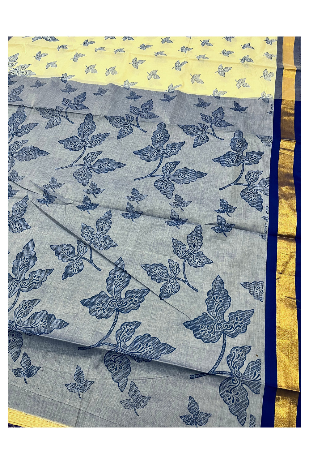 Pure Cotton Kerala Saree with Dark Blue Block Print Leaf Designs and Kasavu Border (Vishu 2024 Collection)