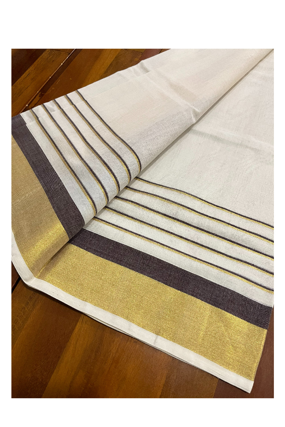 Pure Cotton Handloom Premium Set Mundu (Mundum Neriyathum) with Brown and Kasavu Border