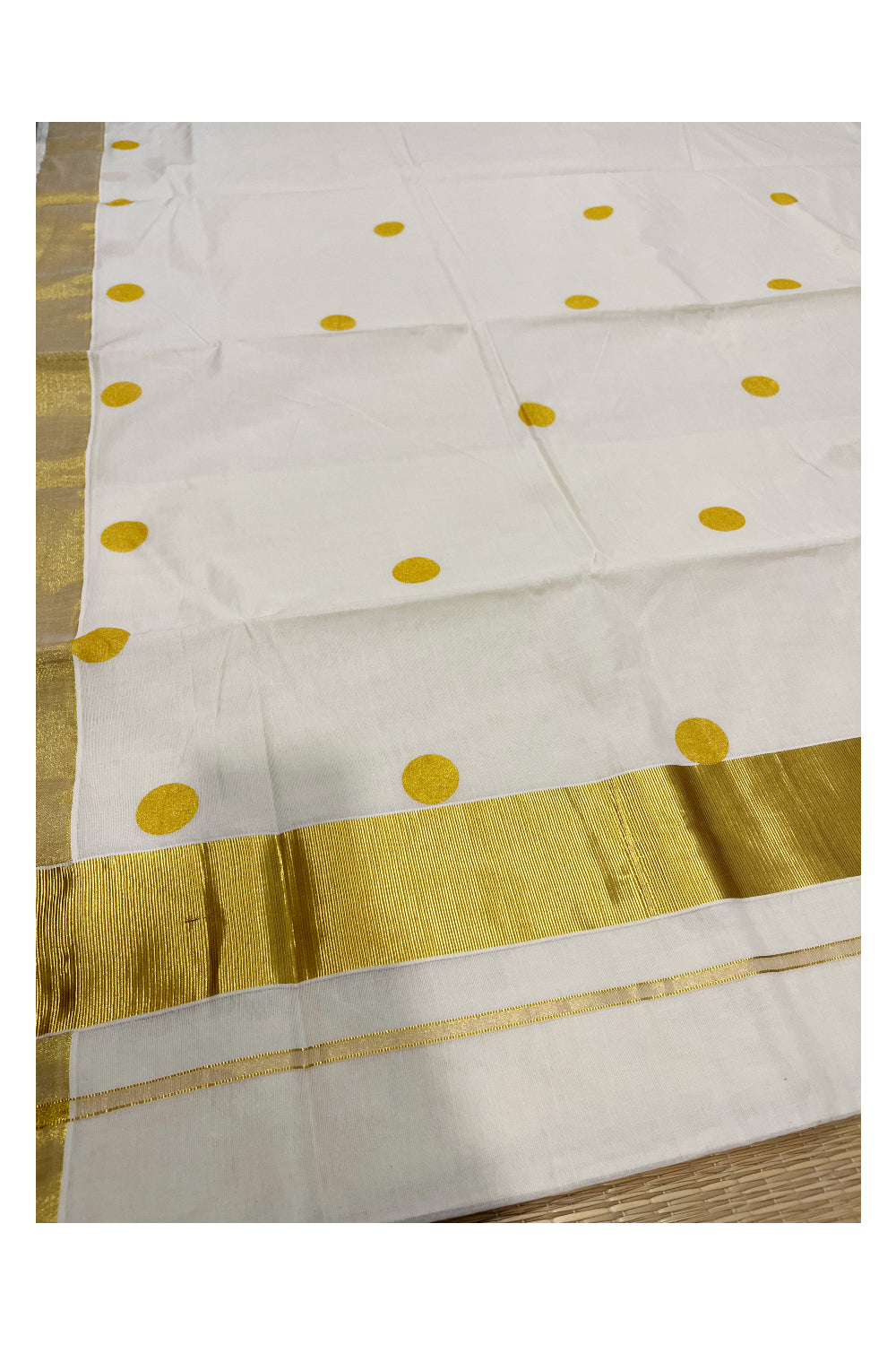 Southloom Kerala Cotton Kasavu Saree with Golden Polka Dot Prints