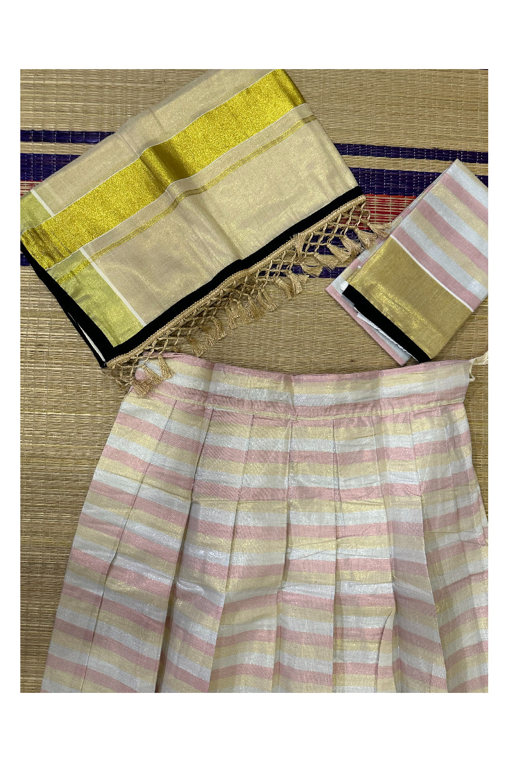 Semi Stitched Dhavani Set with Pink and Kasavu Lines Design Pavada and Blouse Piece