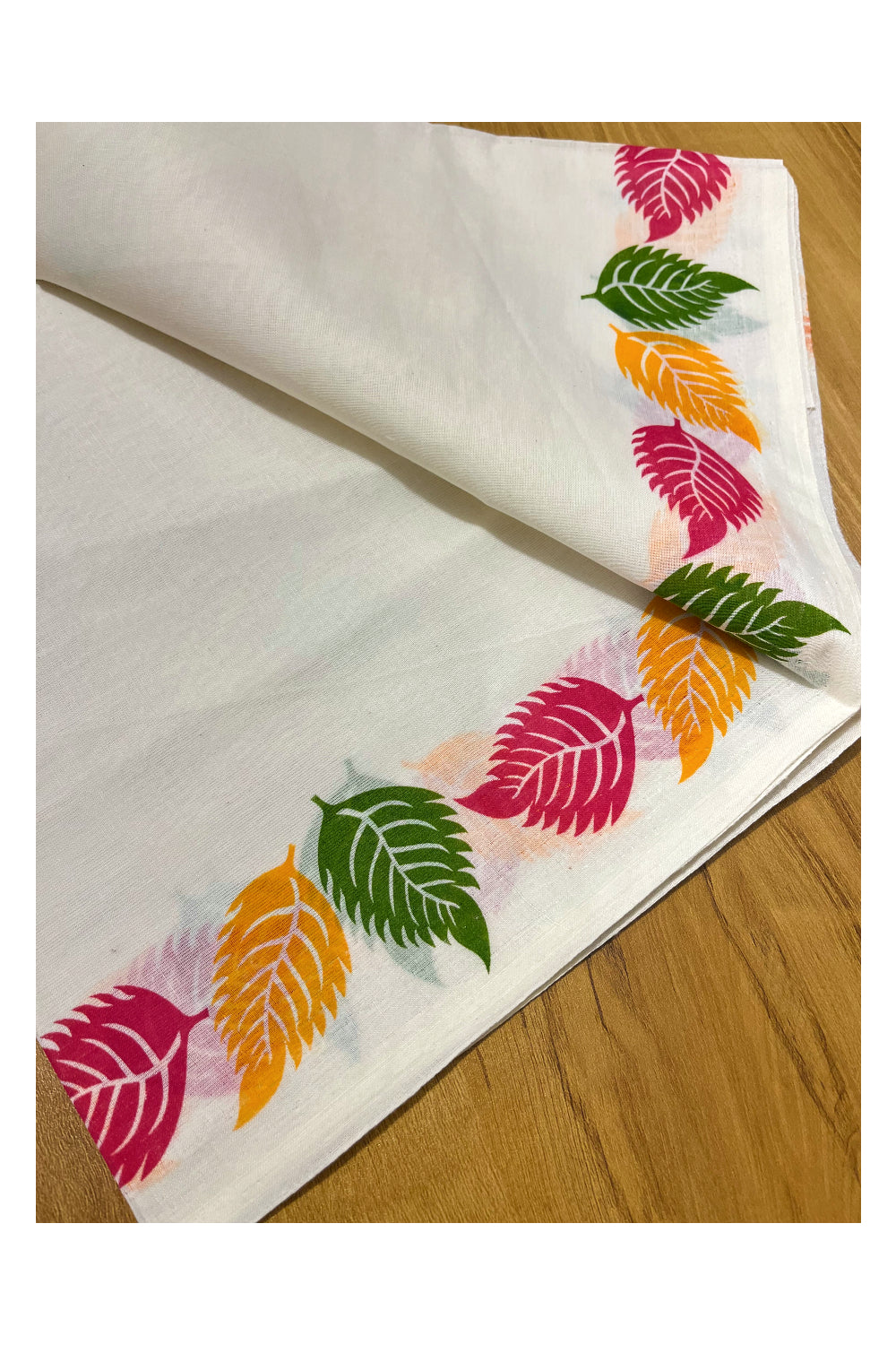 Pure Cotton Kerala Set Mundu (Mundum Neriyathum) with Green Pink and Orange Leaf Block Printed Border