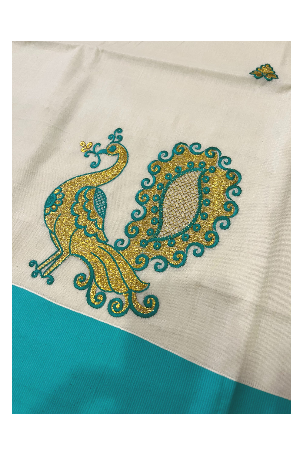 Pure Cotton Kerala Saree with Peacock Embroidery Work and Turquoise Border (Onam Saree 2023)