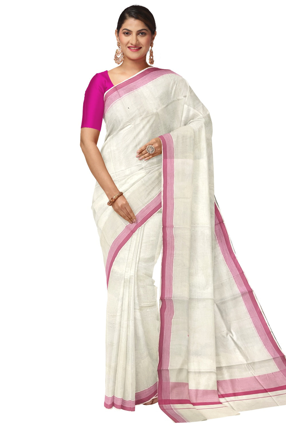 Pure Cotton Off White Kerala Saree with Pink Shaded Border