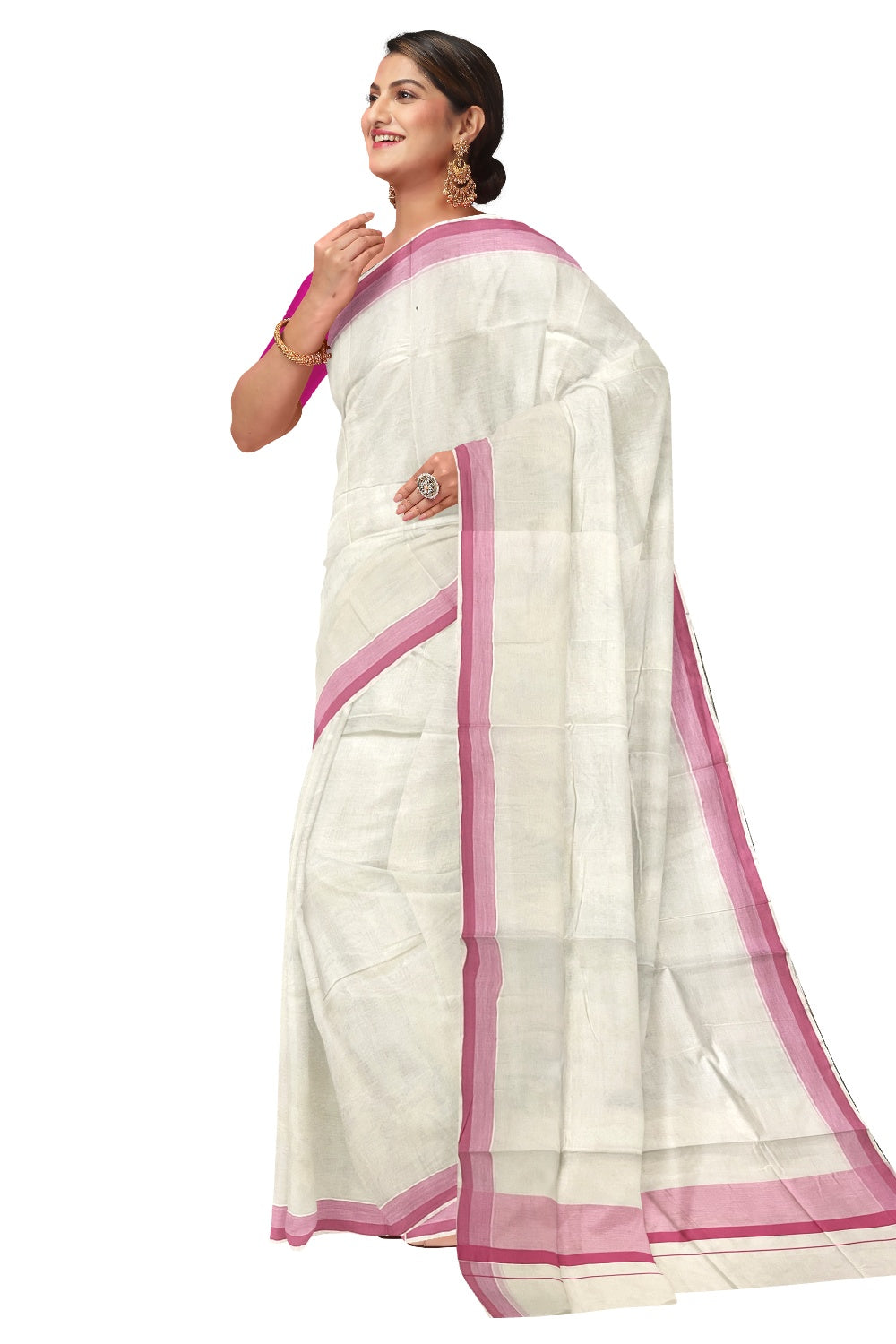 Pure Cotton Off White Kerala Saree with Pink Shaded Border