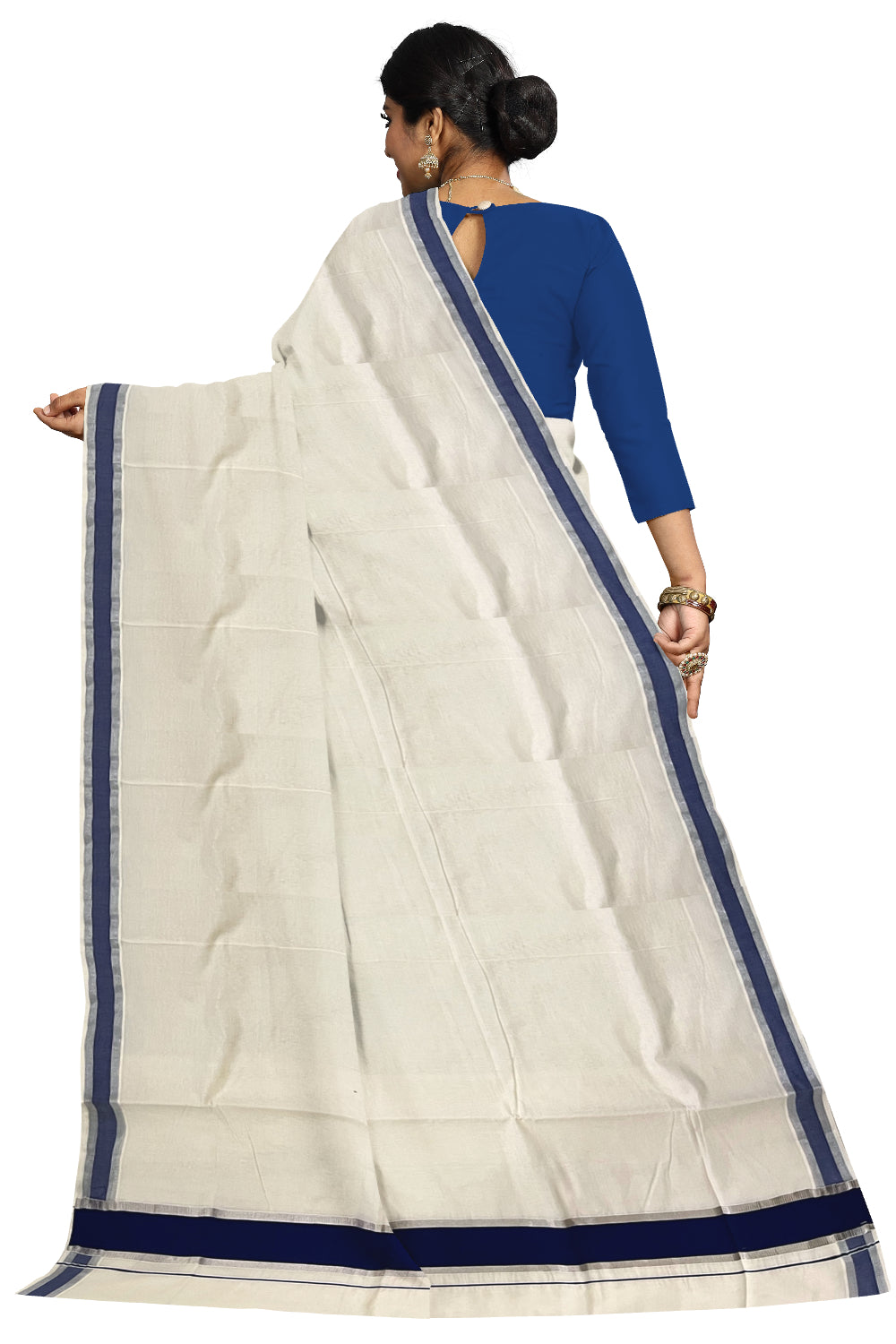 Pure Cotton Kerala Saree with Blue and Silver Kasavu Border