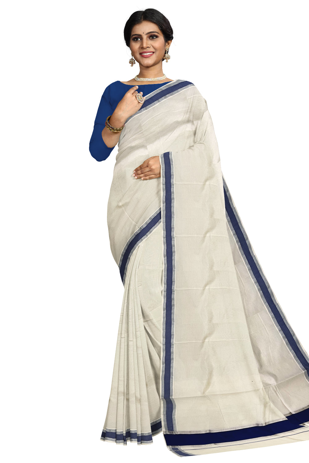 Pure Cotton Kerala Saree with Blue and Silver Kasavu Border