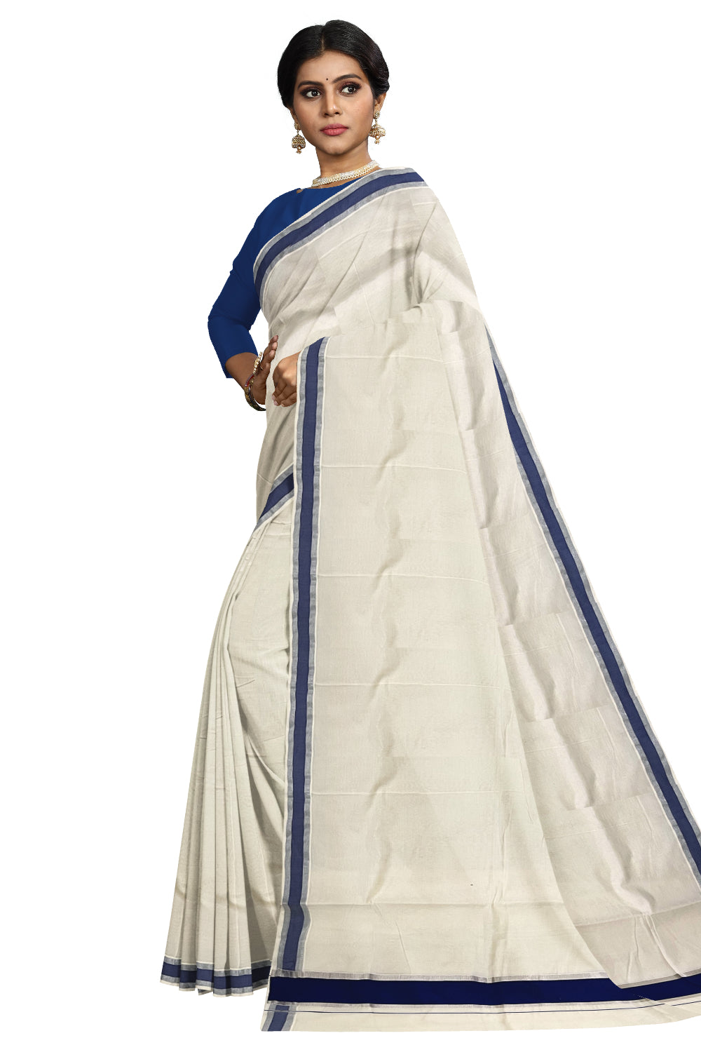 Pure Cotton Kerala Saree with Blue and Silver Kasavu Border