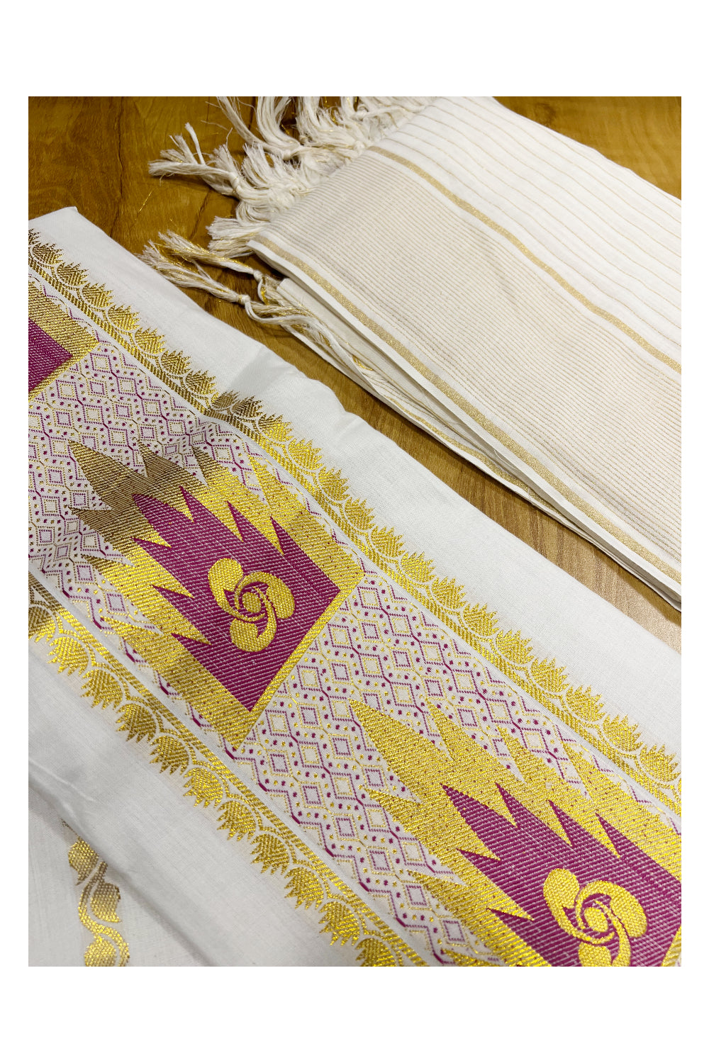 Kerala Cotton Churidar Salwar Material with Pink and Gold Woven Design (include Shawl / Dupatta)