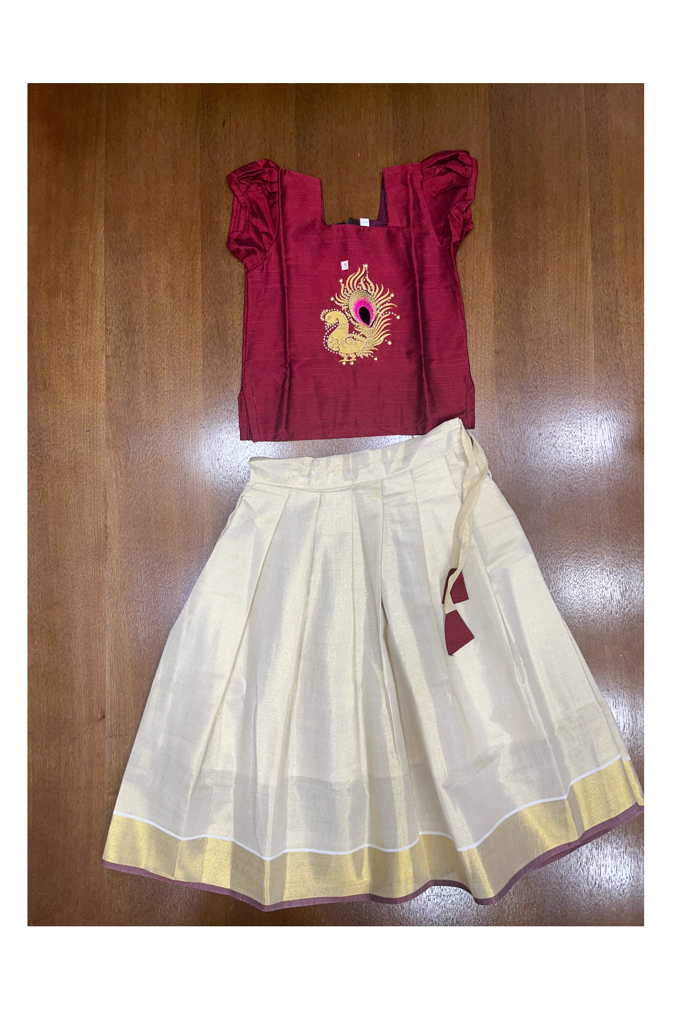 Southloom Kerala Pavada and Maroon Blouse With Peacock Bead Work