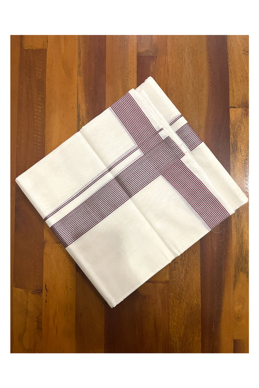 Southloom Premium Handloom Cotton Double Mundu with Silver Kasavu and Maroon Lines Border (South Indian Dhoti)