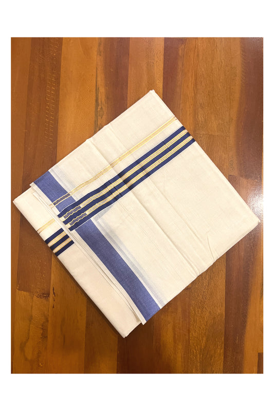 Pure Cotton Off White Double Mundu with Dark Blue and Kasavu Kara (South Indian Dhoti)