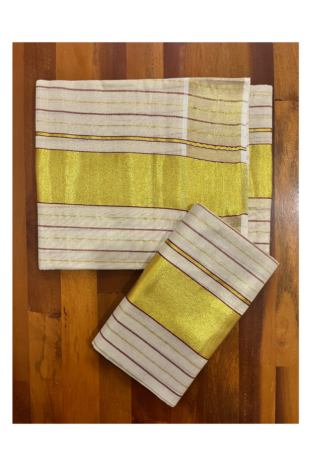 Kerala Tissue Single Set Mundu with Maroon and Golden Lines Designs 2.80 Mtrs