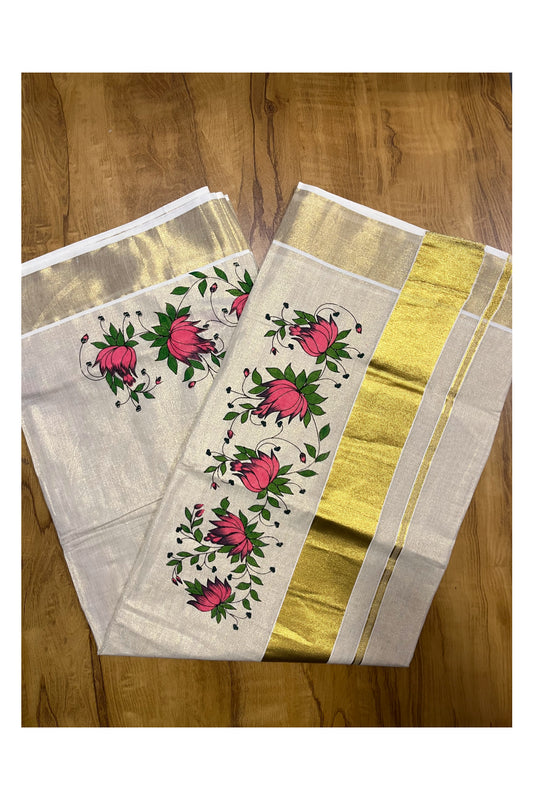 Kerala Tissue Kasavu Saree with Pink Floral Block Printed Designs (Onam 2024 Collection)