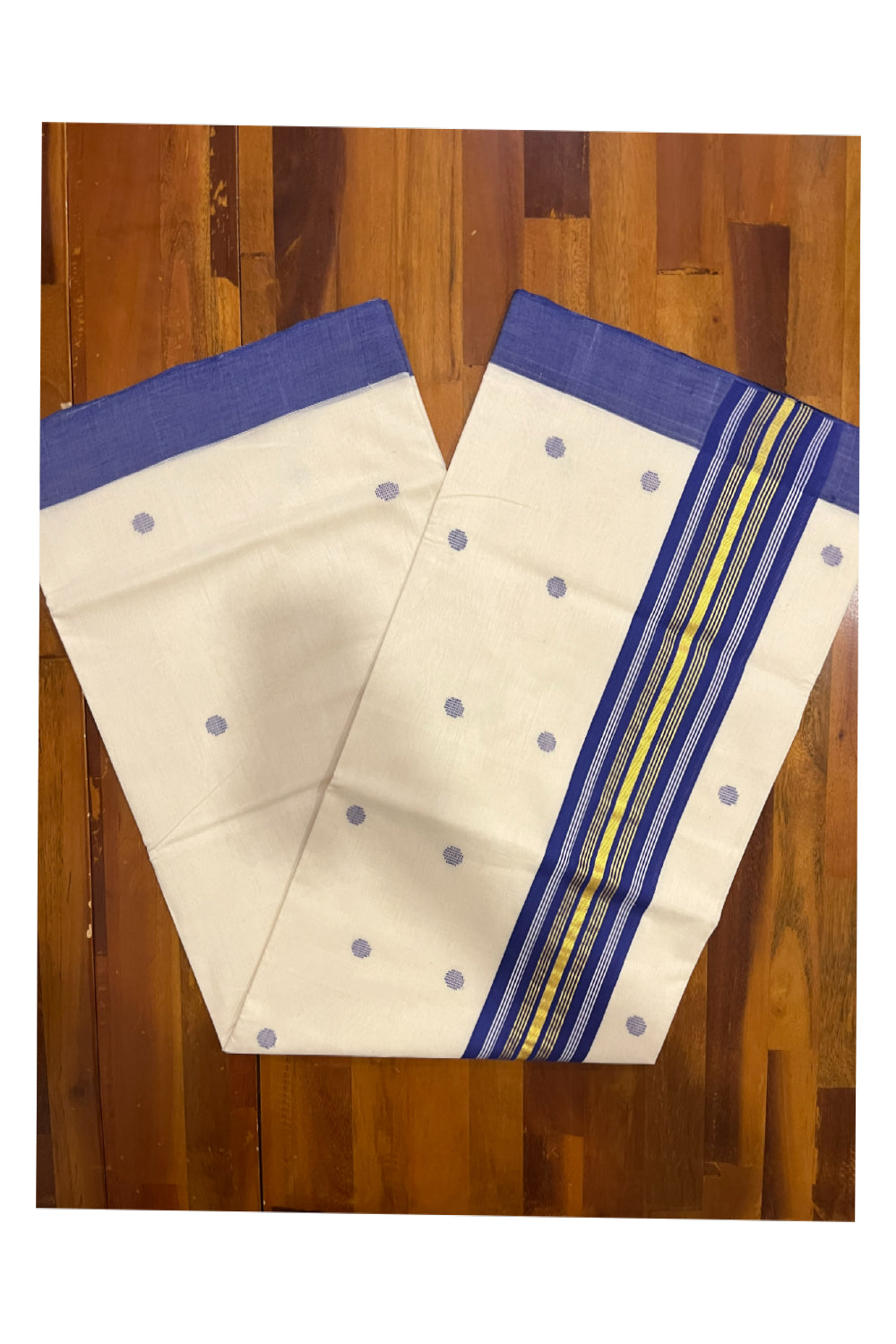 Southloom Balaramapuram Unakkupaavu Handloom Kasavu Saree with Blue Border and Butta Works on Body (Onam Saree 2023)