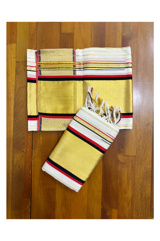 Southloom Handloom Premium Set Mundu with Woven Lines Body with Red and Black Border 2.80 Mtrs