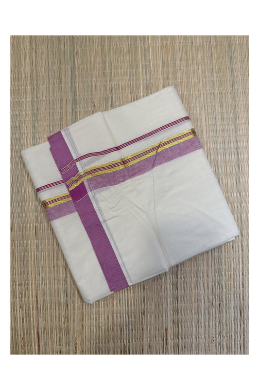 Off White Kerala Double Mundu with Kasavu and Magenta Kara (South Indian Kerala Dhoti)