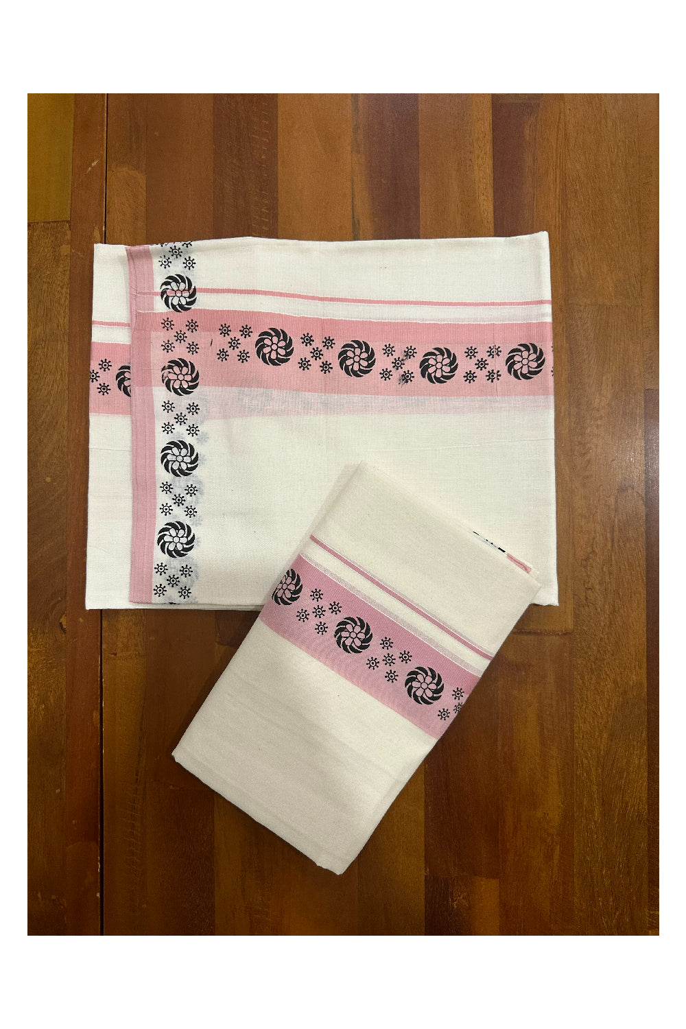 Kerala Cotton Set Mundu (Mundum Neriyathum) with Block Prints on Peach Border (Onam Set Mundu 2023)