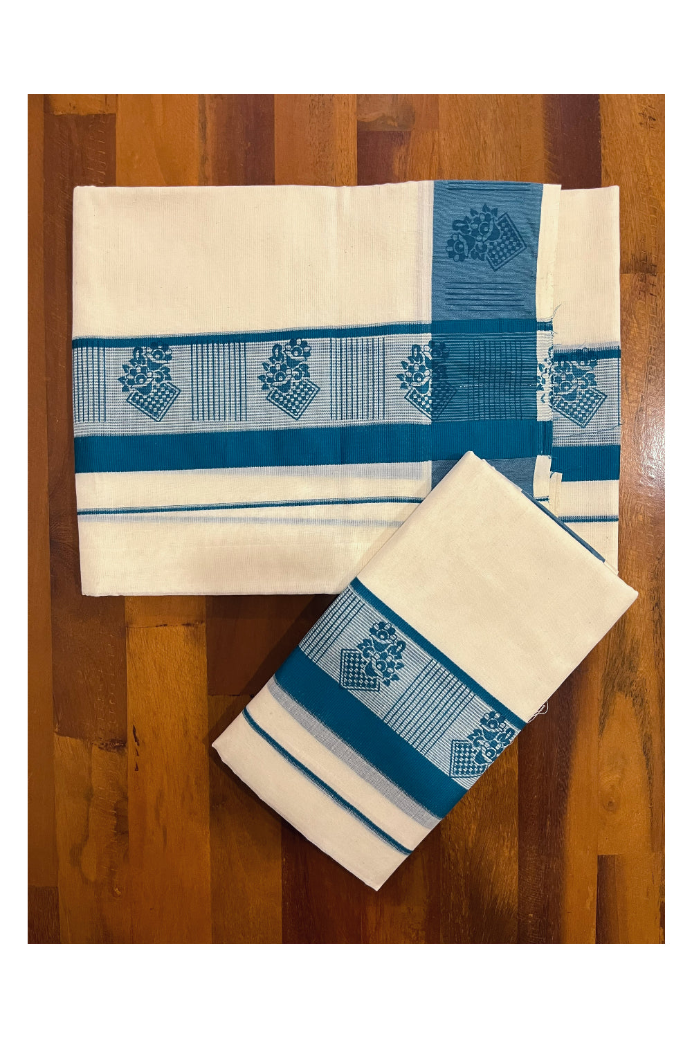 Southloom Pure Cotton Kerala Single Set Mundu with Teal Blue Block Prints on Border