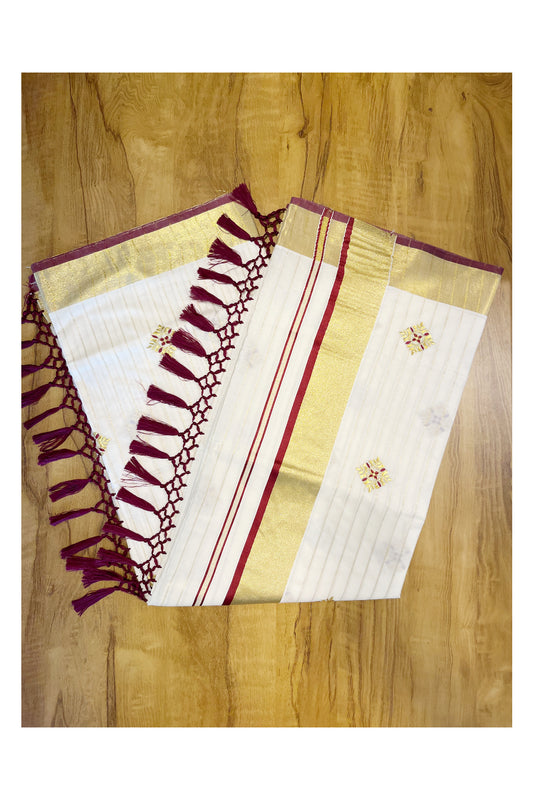 Kerala Cotton Kasavu Lines Saree with Maroon and Golden Floral Embroidery Work