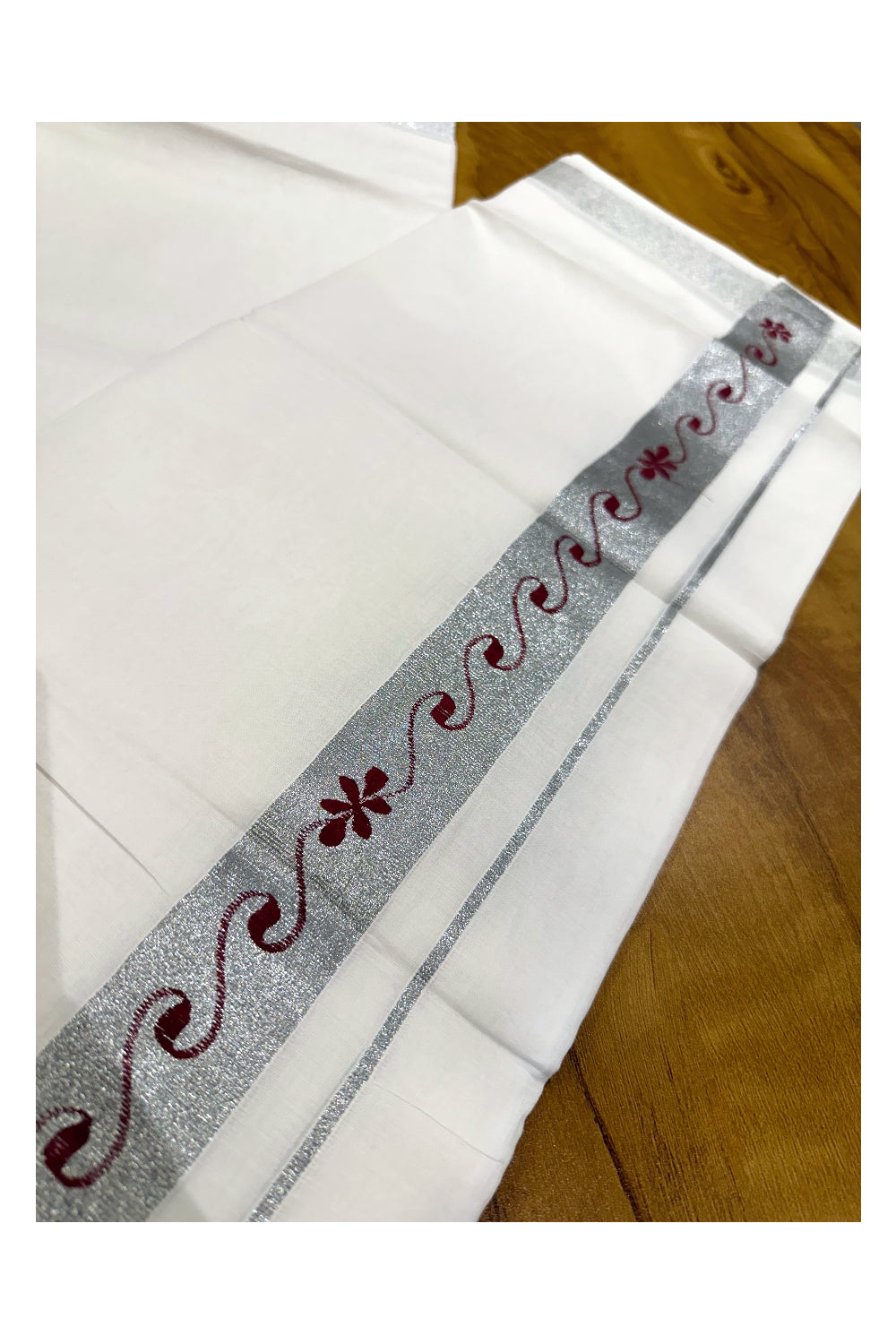 Pure White Cotton Double Mundu with Maroon Prints on Silver Kasavu Border (South Indian Kerala Dhoti)