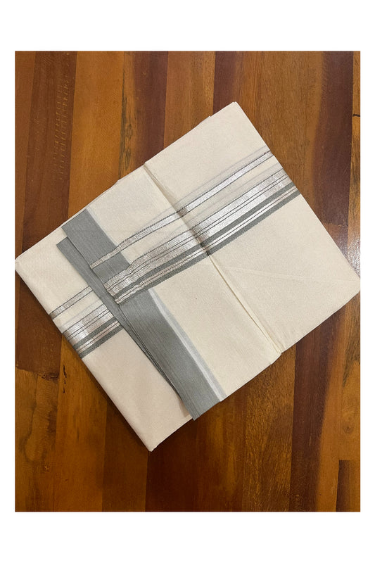 Pure Cotton 100x100 Double Mundu with Silver Kasavu and Grey Border (Onam Mundu 2023)