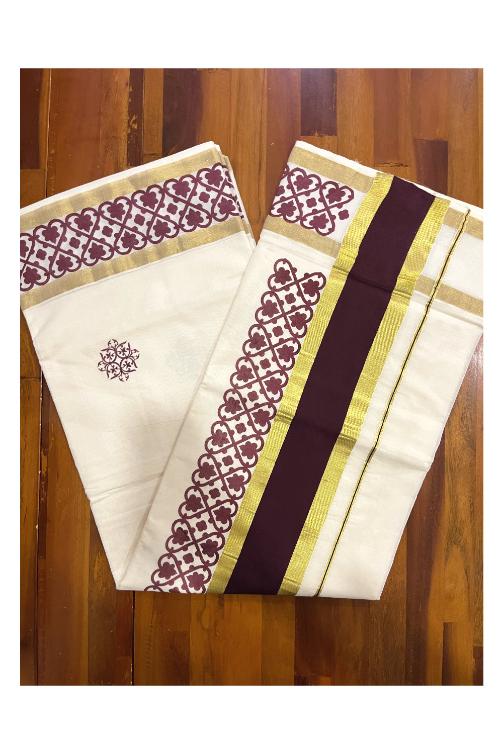 Pure Cotton Kerala Saree with Brown Block Printed Kasavu Border (Onam Saree 2023)